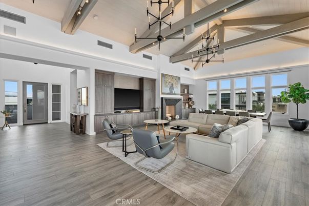 Dining room, Fireplace, Interior, Living room, Pendant Lights, Wood Texture Flooring