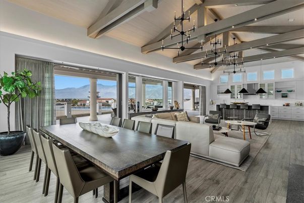 Dining room, Interior, Kitchen, Living room, Pendant Lights, Wooden Beams, Wood Texture Flooring