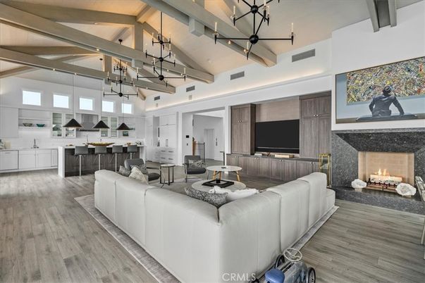 Fireplace, Interior, Kitchen, Living room, Pendant Lights, Wooden Beams, Wood Texture Flooring