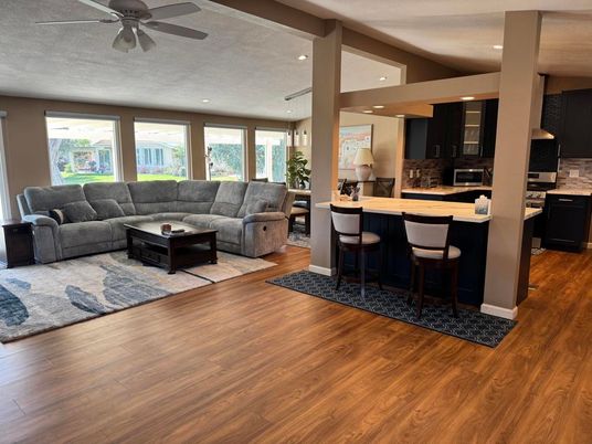 Interior, Kitchen, Living room, Recessed Lighting, Wood Texture Flooring