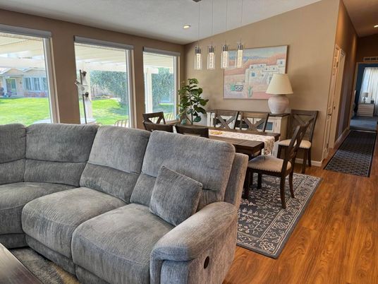 Dining room, Interior, Living room, Pendant Lights, Recessed Lighting, Wood Texture Flooring