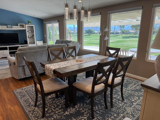Dining room, Interior, Pendant Lights, Wood Texture Flooring