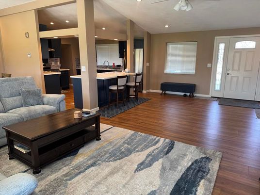Interior, Kitchen, Living room, Recessed Lighting, Wood Texture Flooring