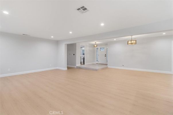 Empty room, Fireplace, Interior, Pendant Lights, Recessed Lighting, Wood Texture Flooring