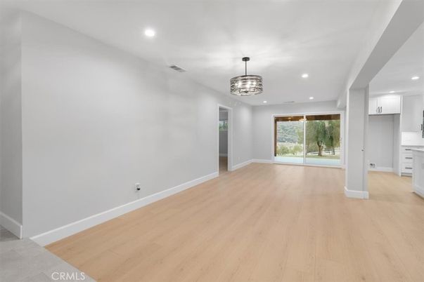 Chandelier, Empty room, Interior, Recessed Lighting, Wood Texture Flooring