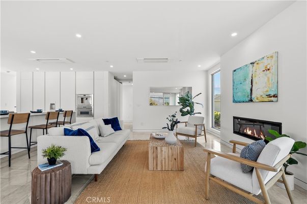 Fireplace, Interior, Kitchen, Living room, Recessed Lighting, Stainless Steel Appliances
