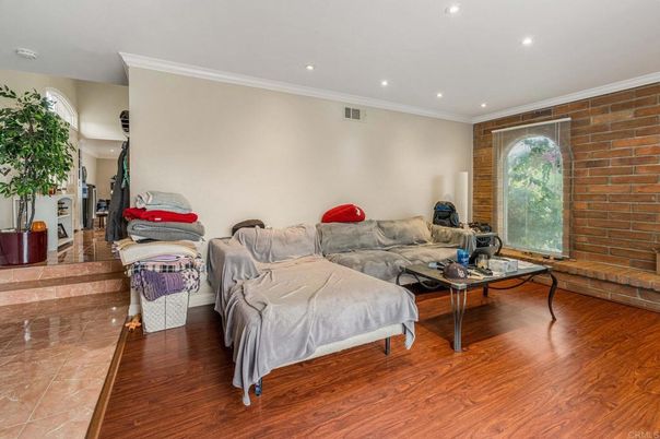Interior, Living room, Recessed Lighting, Stone Walls, Wood Texture Flooring