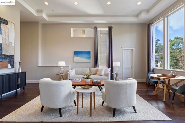 Dining room, Interior, Living room, Recessed Lighting, Wood Texture Flooring