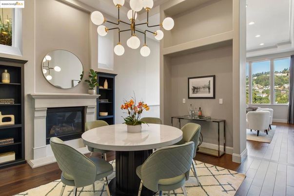 Dining room, Fireplace, Interior, Pendant Lights, Recessed Lighting, Wood Texture Flooring