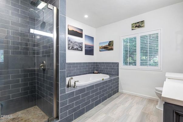 Bathroom, Glass Shower, Interior, Recessed Lighting, Wood Texture Flooring