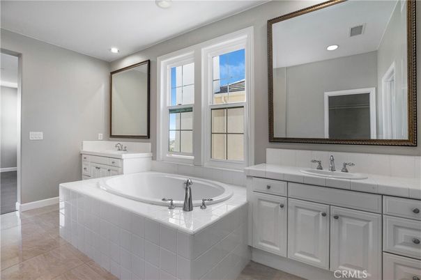 Bathroom, Dual Sink Vanities, Interior, Recessed Lighting, Tile Countertops