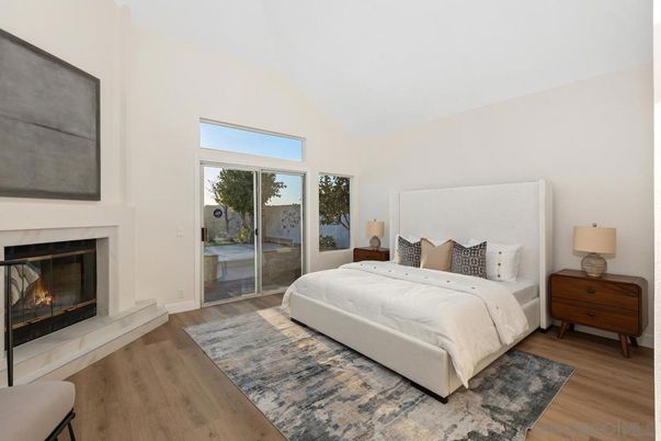 Bedroom, Fireplace, Interior, Wood Texture Flooring