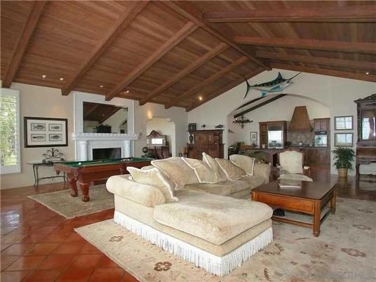 Billiard Table, Fireplace, Game Room, Interior, Living room, Recessed Lighting, Wooden Beams, Wooden Ceilings