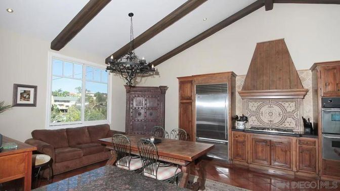 Chandelier, Dining room, Interior, Kitchen, Living room, Recessed Lighting, Stainless Steel Appliances, Wooden Beams