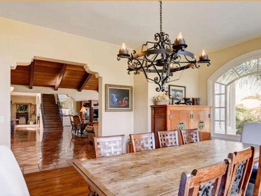 Chandelier, Dining room, Interior, Wooden Beams, Wooden Ceilings, Wood Texture Flooring