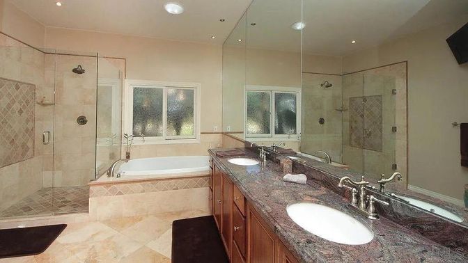 Bathroom, Dual Sink Vanities, Glass Shower, Interior, Recessed Lighting