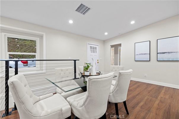 Dining room, Interior, Recessed Lighting, Wood Texture Flooring