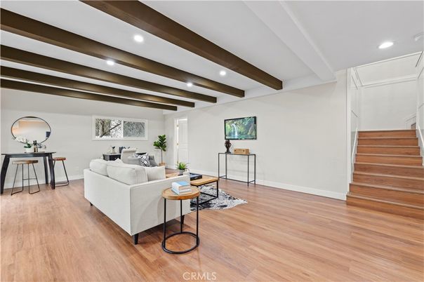 Interior, Living room, Recessed Lighting, Wooden Beams, Wood Texture Flooring