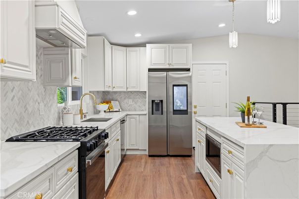 Interior, Kitchen, Pendant Lights, Recessed Lighting, Stainless Steel Appliances, Wood Texture Flooring