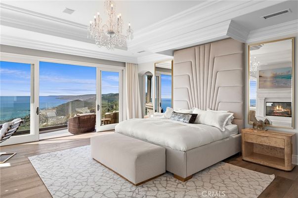 Bedroom, Chandelier, Fireplace, Interior, Water, Wood Texture Flooring