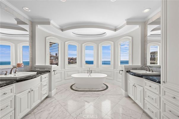 Bathroom, Dual Sink Vanities, Free Standing Baths, Interior, Marble, Recessed Lighting, Water