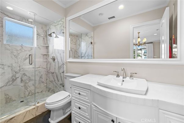 Bathroom, Glass Shower, Interior, Marble Walls, Recessed Lighting