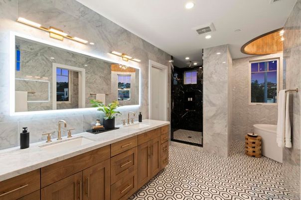 Bathroom, Dual Sink Vanities, Interior, Marble Walls, Recessed Lighting