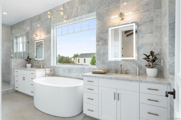Bathroom, Dual Sink Vanities, Free Standing Baths, Interior, Marble Walls, Pendant Lights, Recessed Lighting