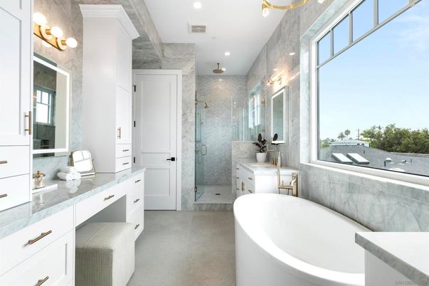 Bathroom, Free Standing Baths, Glass Shower, Interior, Marble Walls, Recessed Lighting