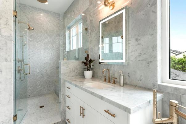 Bathroom, Glass Shower, Interior, Marble Walls, Recessed Lighting
