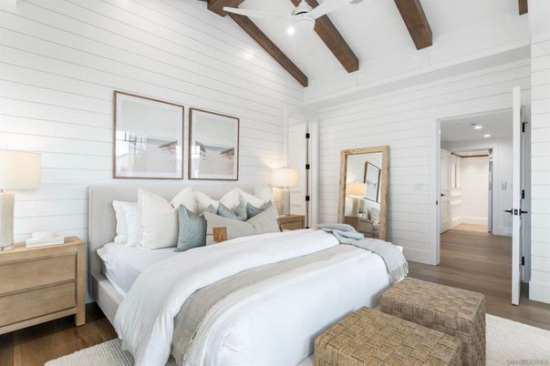 Bedroom, Interior, Recessed Lighting, Wooden Beams, Wood Texture Flooring