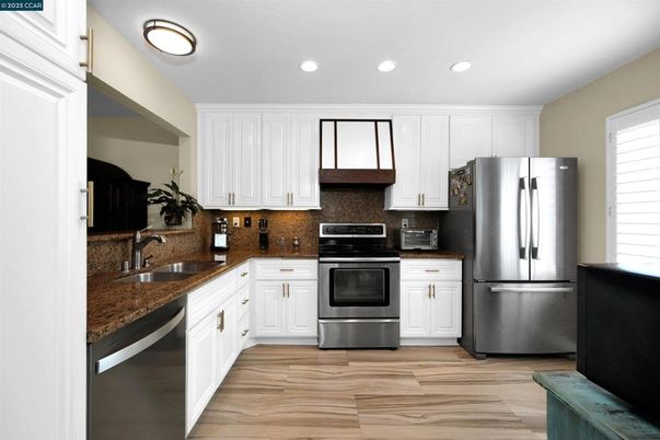 Interior, Kitchen, Recessed Lighting, Stainless Steel Appliances, Wood Texture Flooring