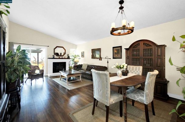Chandelier, Dining room, Fireplace, Interior, Living room, Wood Texture Flooring