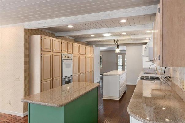 Interior, Kitchen, Pendant Lights, Recessed Lighting, Stainless Steel Appliances, Wooden Beams, Wooden Ceilings, Wood Texture Flooring