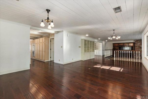 Chandelier, Empty room, Interior, Recessed Lighting, Wood Texture Flooring