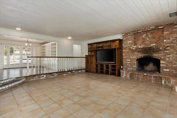 Empty room, Fireplace, Interior, Recessed Lighting, Stone Walls