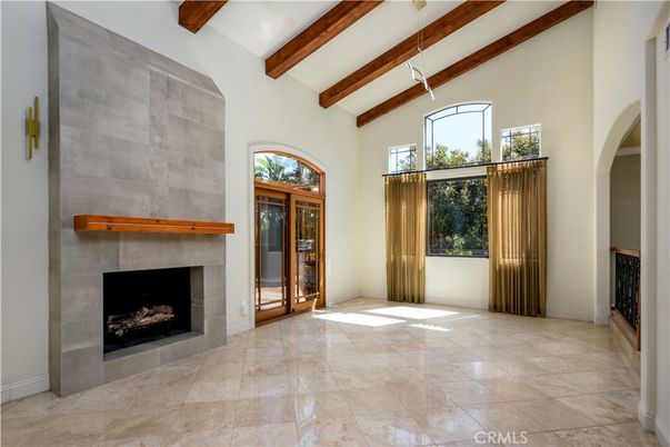 Fireplace, Interior, Pendant Lights, Wooden Beams