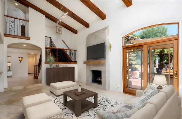 Fireplace, Interior, Living room, Recessed Lighting, Wooden Beams