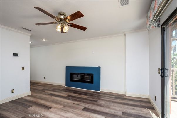 Empty room, Fireplace, Interior, Recessed Lighting, Wood Texture Flooring