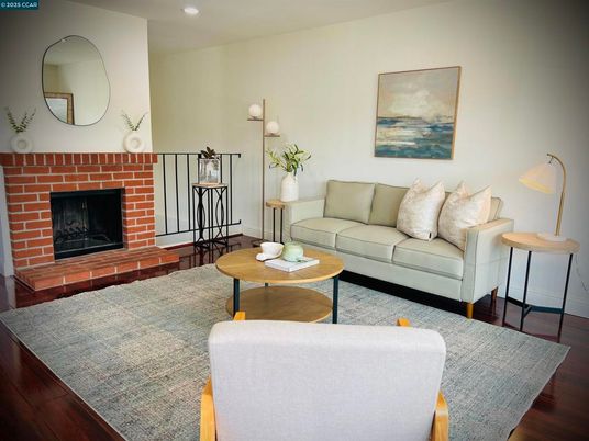 Fireplace, Interior, Living room, Recessed Lighting, Stone Walls, Wood Texture Flooring