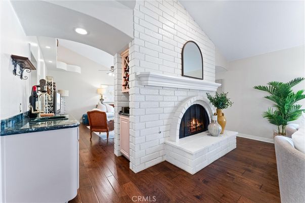 Fireplace, Interior, Recessed Lighting, Stone Walls, Wood Texture Flooring