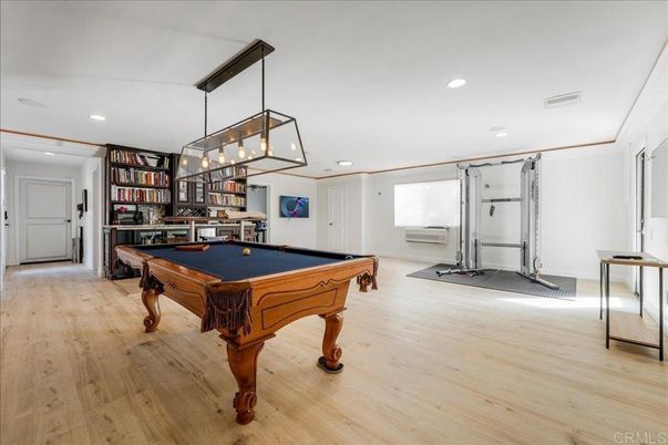 Billiard Table, Game Room, Interior, Pendant Lights, Recessed Lighting, Wood Texture Flooring