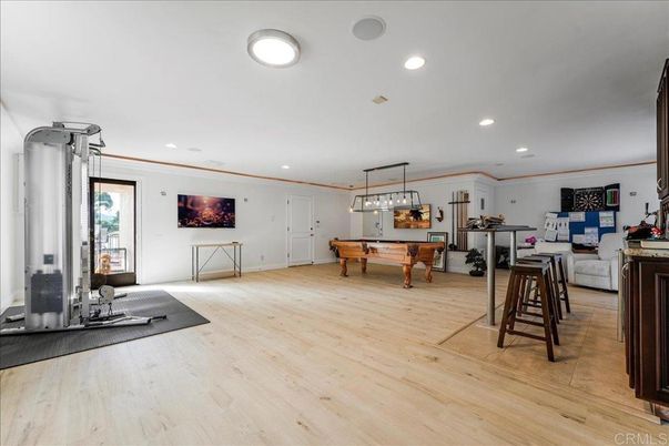 Billiard Table, Game Room, Interior, Pendant Lights, Recessed Lighting, Wood Texture Flooring
