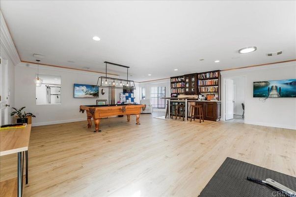 Billiard Table, Game Room, Interior, Pendant Lights, Recessed Lighting, Wood Texture Flooring