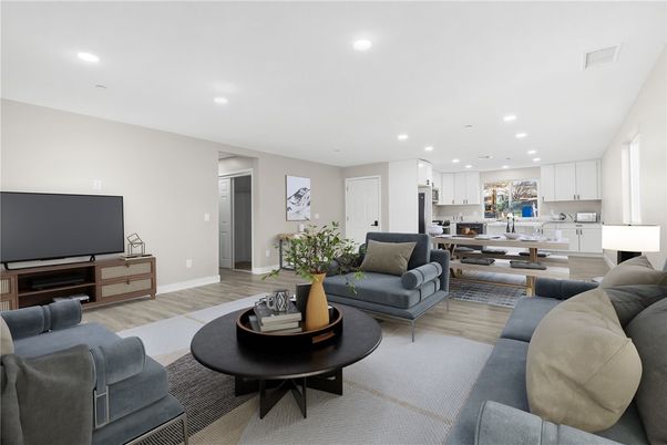 Dining room, Interior, Kitchen, Living room, Recessed Lighting, Stainless Steel Appliances, Wood Texture Flooring