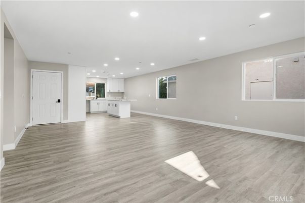 Empty room, Interior, Kitchen, Recessed Lighting, Wood Texture Flooring