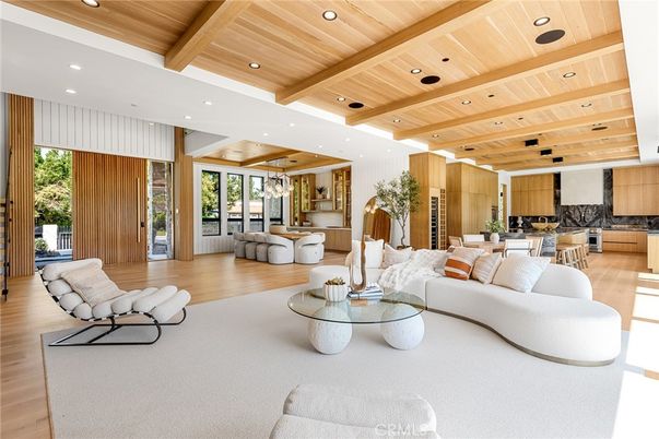 Dining room, Interior, Kitchen, Living room, Pendant Lights, Recessed Lighting, Wooden Beams, Wooden Ceilings, Wood Texture Flooring