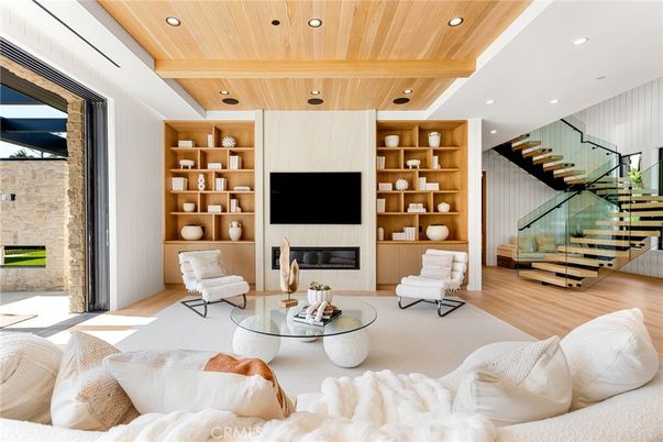 Fireplace, Interior, Living room, Recessed Lighting, Stone Walls, Wooden Beams, Wooden Ceilings, Wood Texture Flooring