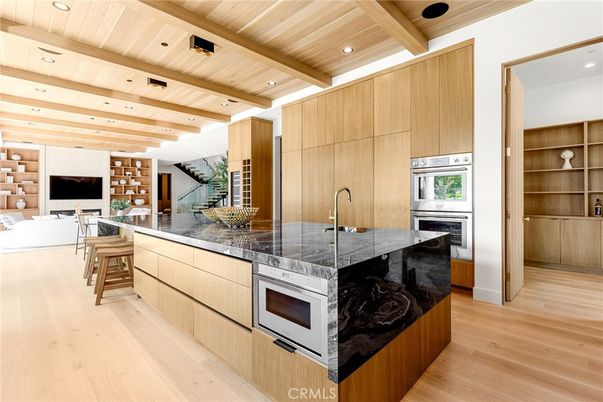 Interior, Kitchen, Living room, Recessed Lighting, Stainless Steel Appliances, Wooden Beams, Wooden Ceilings, Wood Texture Flooring