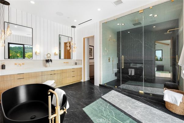 Bathroom, Dual Sink Vanities, Free Standing Baths, Glass Shower, Interior, Marble, Pendant Lights, Recessed Lighting